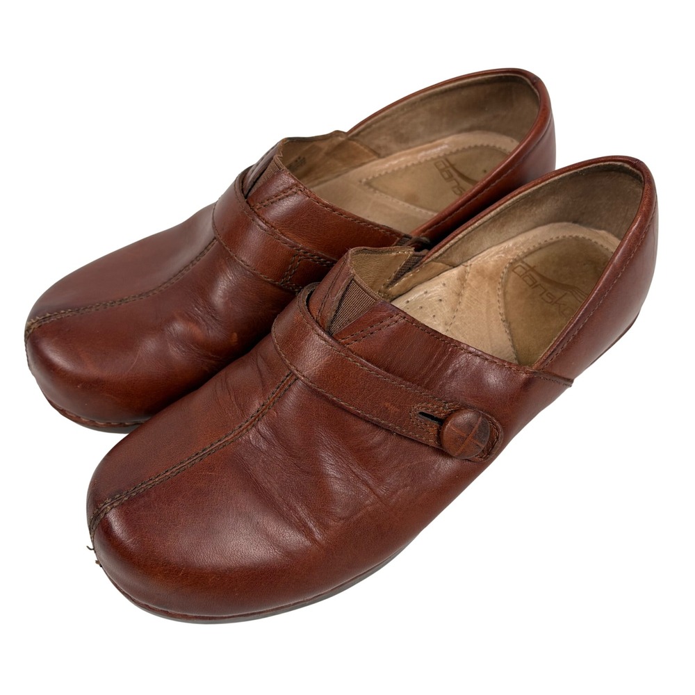 Dansko Solstice Leather Clogs Size 37 Brown Button Strap Professional Work Shoes